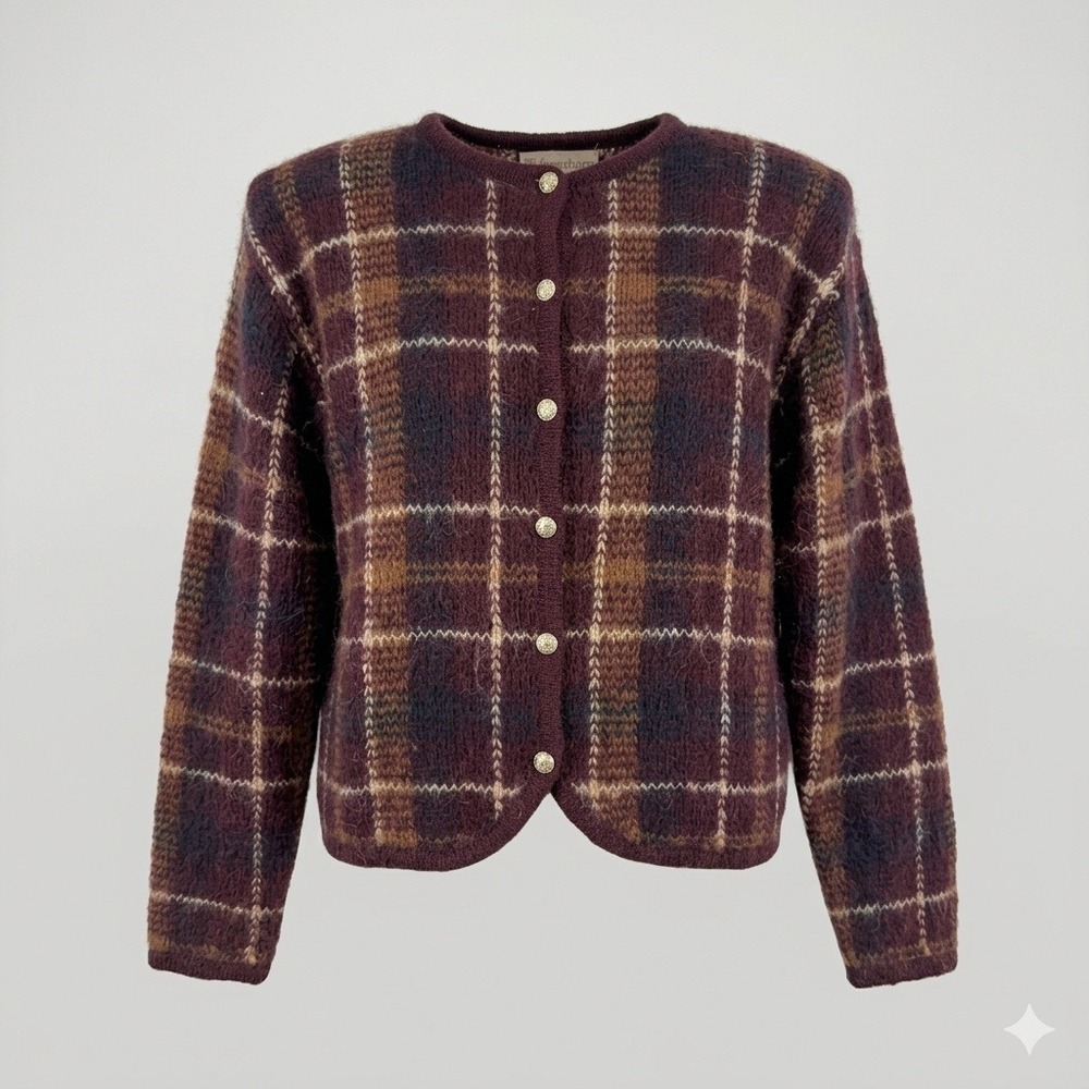 Dressbarn 90s Fuzzy Mohair Plaid Cardigan Sweater Brown L Boxy Dark Academia